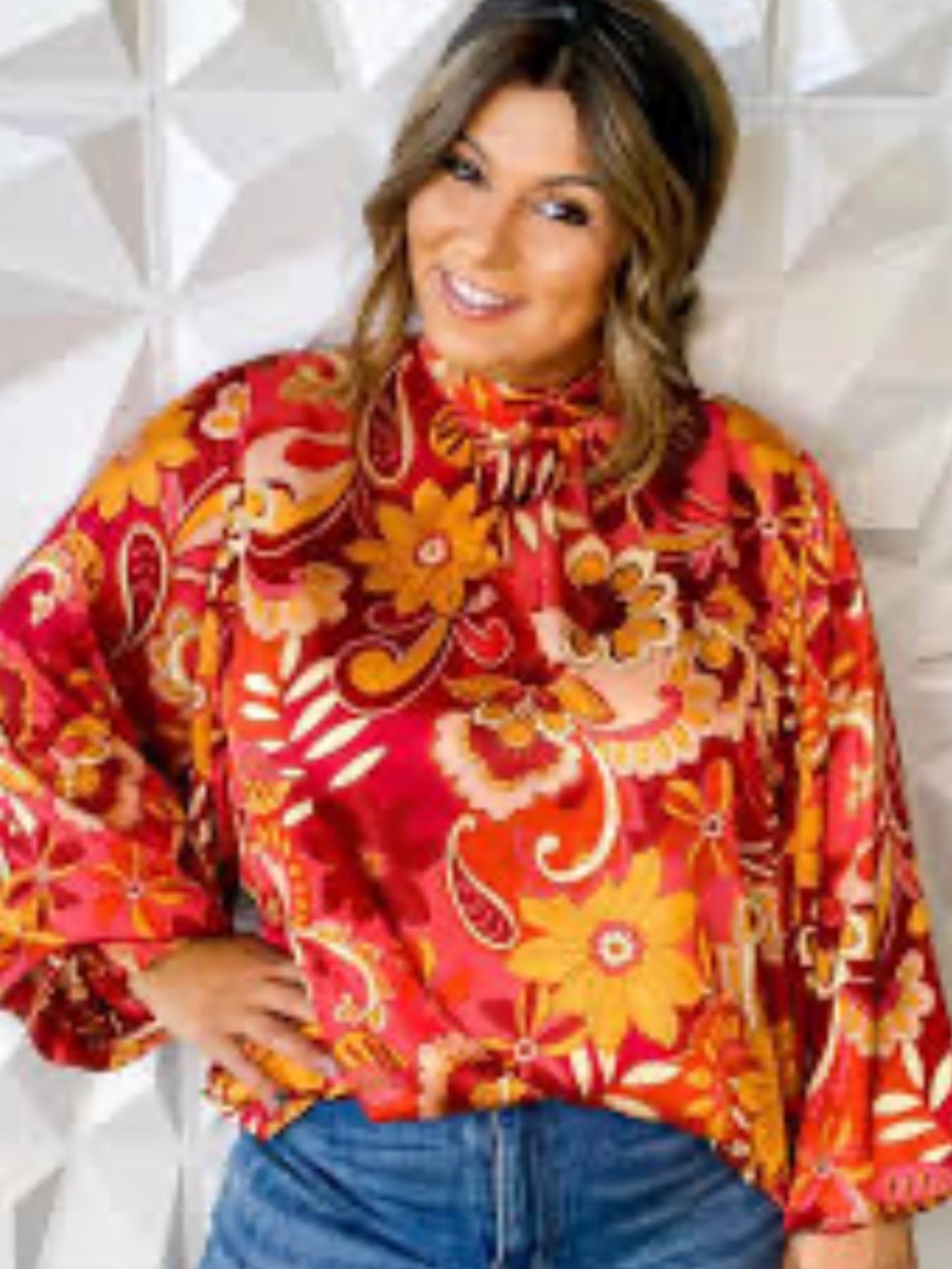 Flying Tomato Red and Yellow Floral High-Neck Blouse